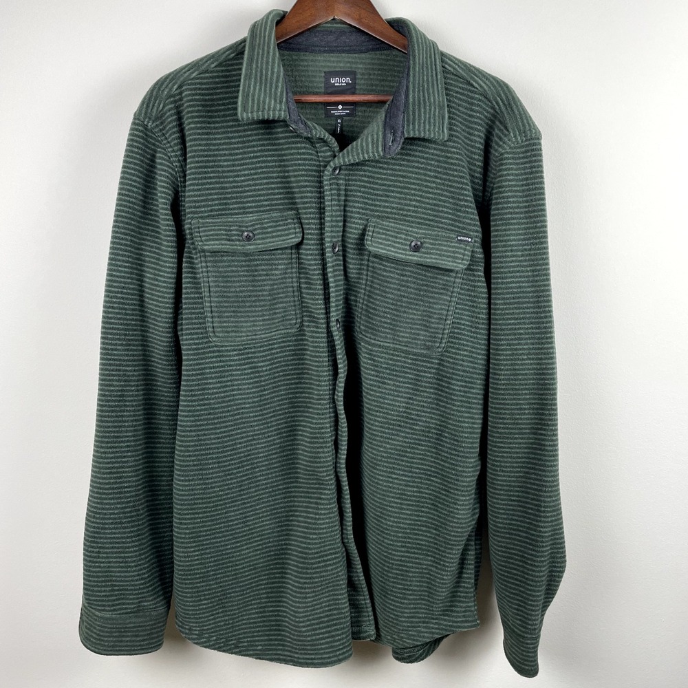 Union Fleece Shacket Jacket Mens XL Green Stripe Button‎ Up Pockets Outdoor Camp